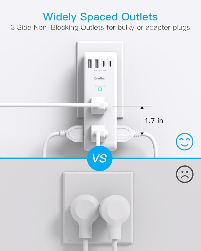 PD 20W Surge Protector Outlet Extender, Rotating Plug, One Beat 6 AC Multi Plug - Image 6
