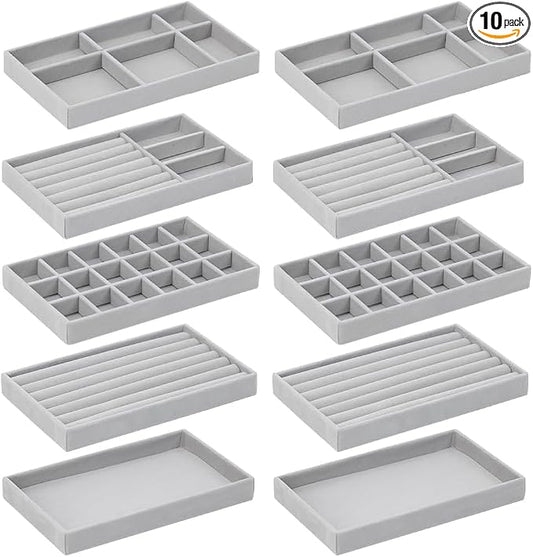 10 Pack Jewelry Organizer Tray Drawer Inserts Stackable Velvet Liner Dividers by Skiwali