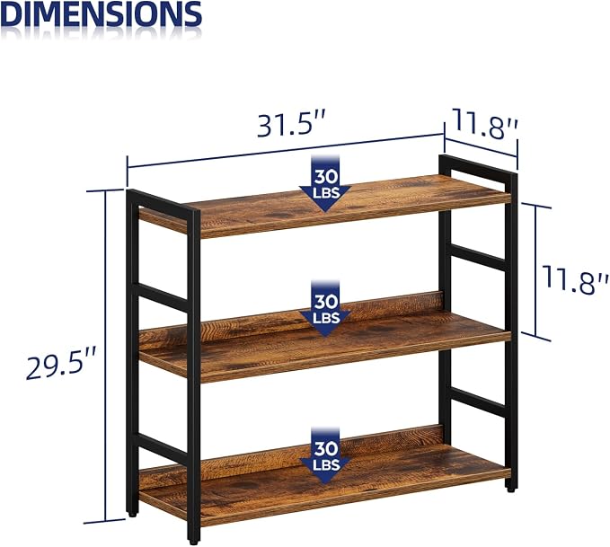 NUMENN Wide Bookshelf, 3 Tier Freestanding Shelving Unit, Vintage | Metal Frame - Image 3