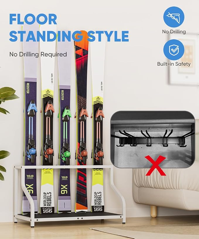 Ski Storage Rack for Garage — Freestanding Ski Holder for 5 Pair Skis, Indoor - Image 5