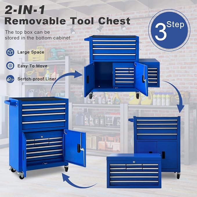 Tool Chest 13-Drawer with Double Door Handle, 2 in 1 Detachable Rolling Tool - Image 6
