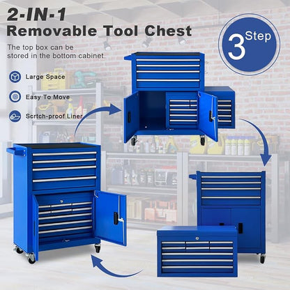 Tool Chest 13-Drawer with Double Door Handle, 2 in 1 Detachable Rolling Tool - Image 6