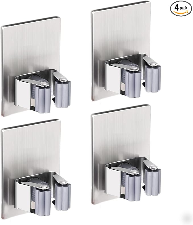 HANZE 4 Pack Stainless Steel Mop Broom Holder Organizer, Self Adhesive Wall by HANZE