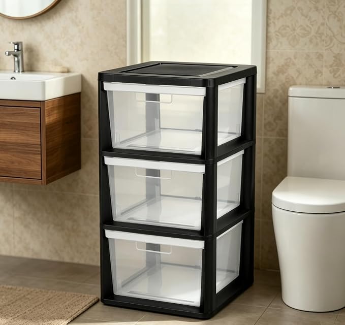 Black 3 Drawer Storage Tower, Plastic Organizer Cabinet - Image 6