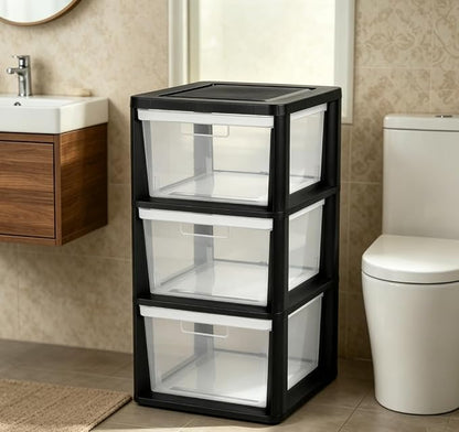 Black 3 Drawer Storage Tower, Plastic Organizer Cabinet - Image 6