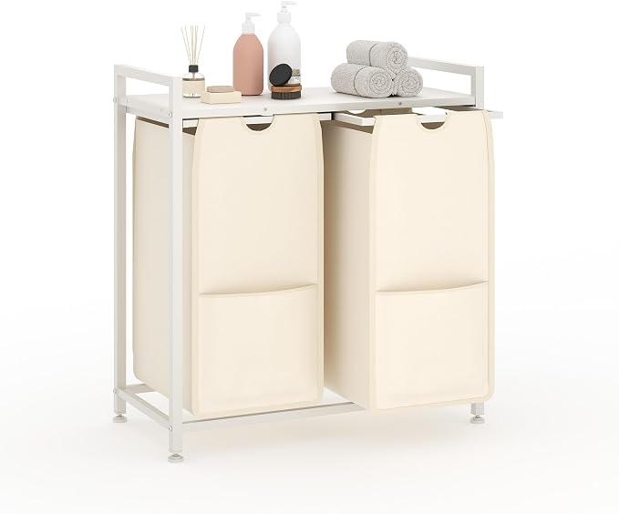2-Section Laundry Hamper with Shelf, Pull-Out Removable 12.8 gal Bags, Metal by GarveeHome