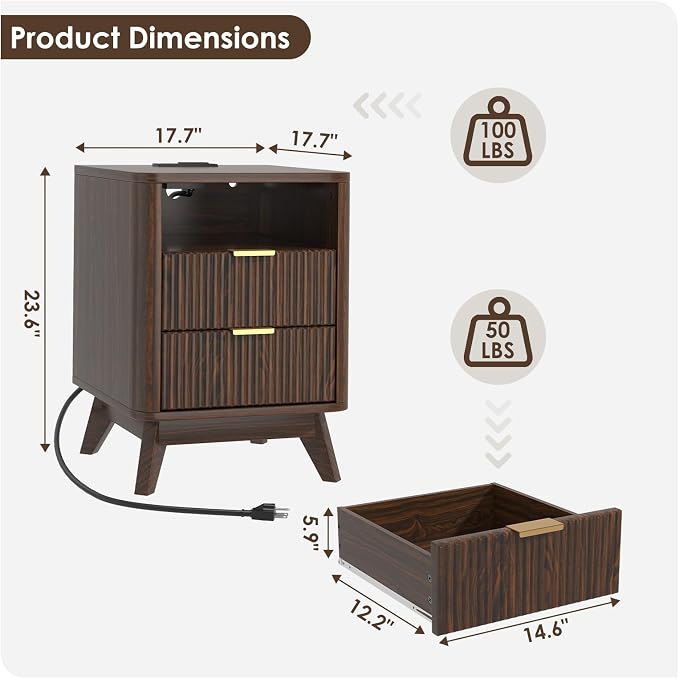 Nightstand with Charging Station, Fluted Nightstand with LED Lights, Modern - Image 2