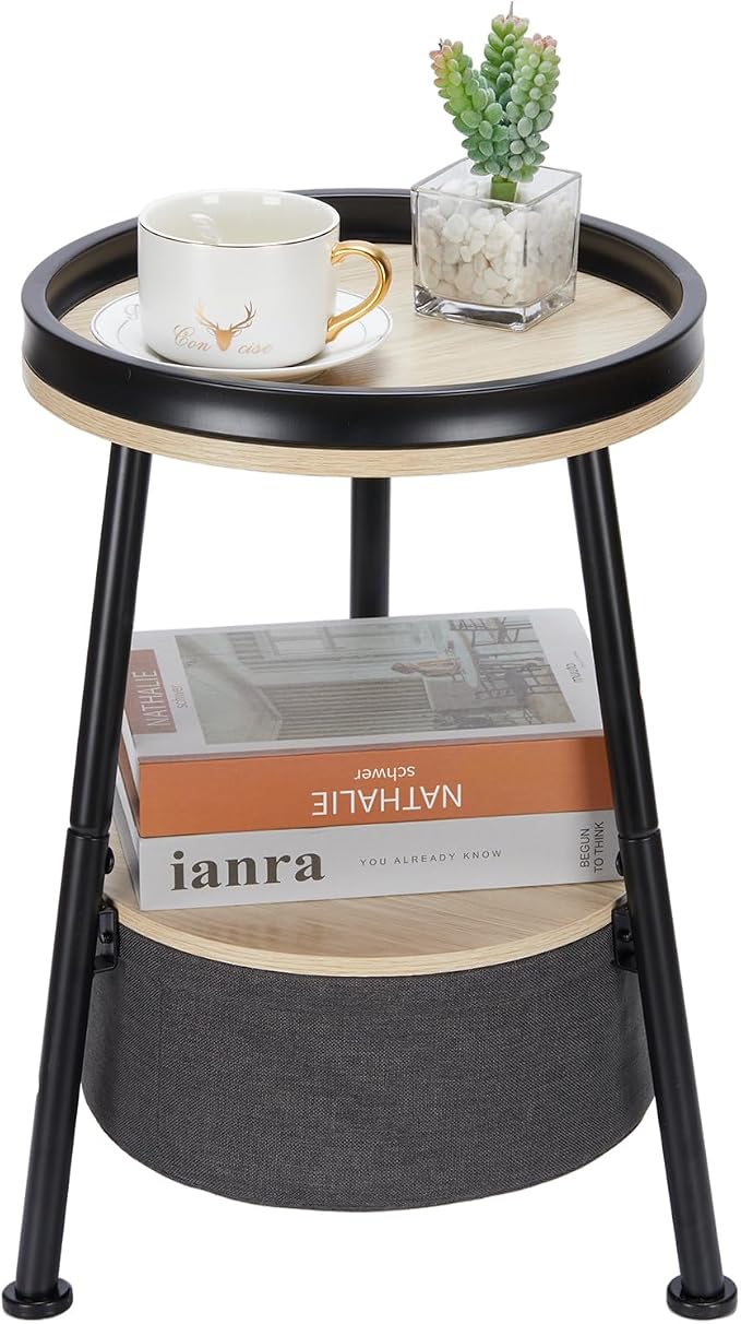 Small Round End Table, 2 Tier Side Table by LEMONDA