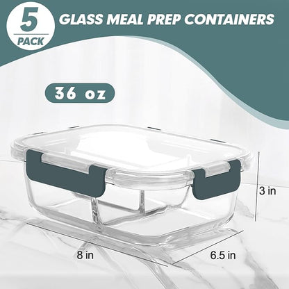 KOMUEE Glass Meal Prep Containers 3 Compartments, 5 Pack 36 oz, Glass Food - Image 4