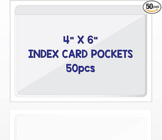 Clear Adhesive 4" x 6" Index Card Pockets, Labels Holders, 50 Pack | Top Open by IMAGAME