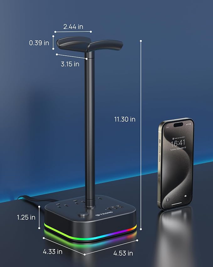 TROND Headphone Stand with USB C, Desk Gaming Headset Holder with 3 AC Outlets - Image 7