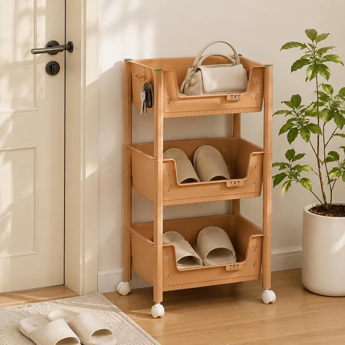 3 Tier Cart for Classroom, Khaki Resin Rolling Storage Cart, Mobile Utility Cart - Image 8