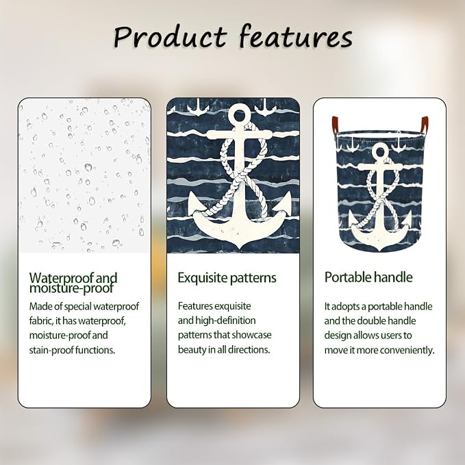 Laundry Baskets 15.7x19.7 Inch Large Nautical Anchor Design Collapsible Laundry - Image 2