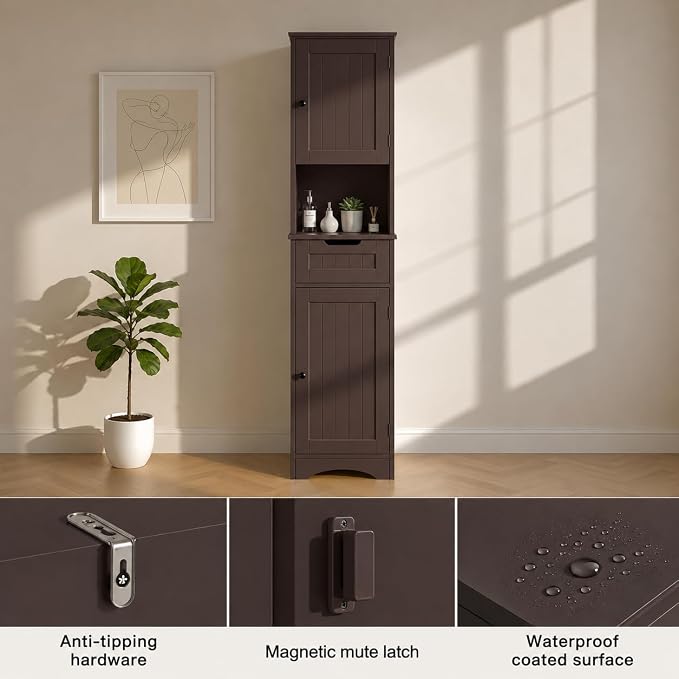Gizoon 67” H Tall Bathroom Storage Cabinet, Narrow Cabinet, Dark Brown | Towel - Image 8