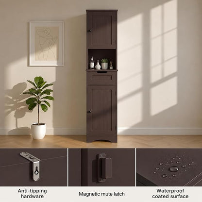 Gizoon 67” H Tall Bathroom Storage Cabinet, Narrow Cabinet, Dark Brown | Towel - Image 8