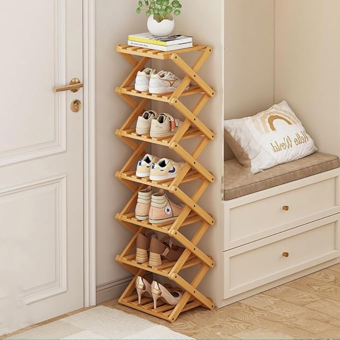 7 Tier Foldable Shoe Rack, Bamboo Vertical Shoe Organizer Tall by XZXWZX