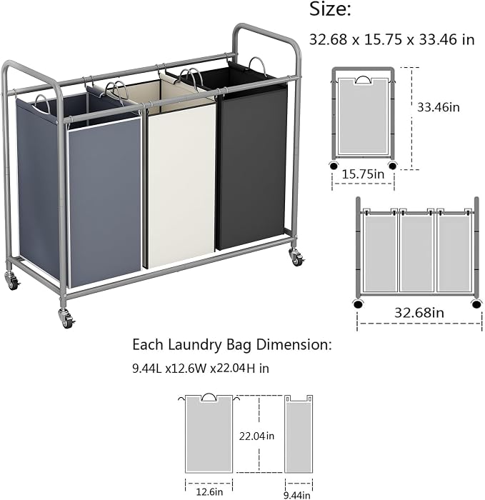 LINZINAR 3-Bag Laundry Basket Sorter Laundry Hamper Cart - Image 4