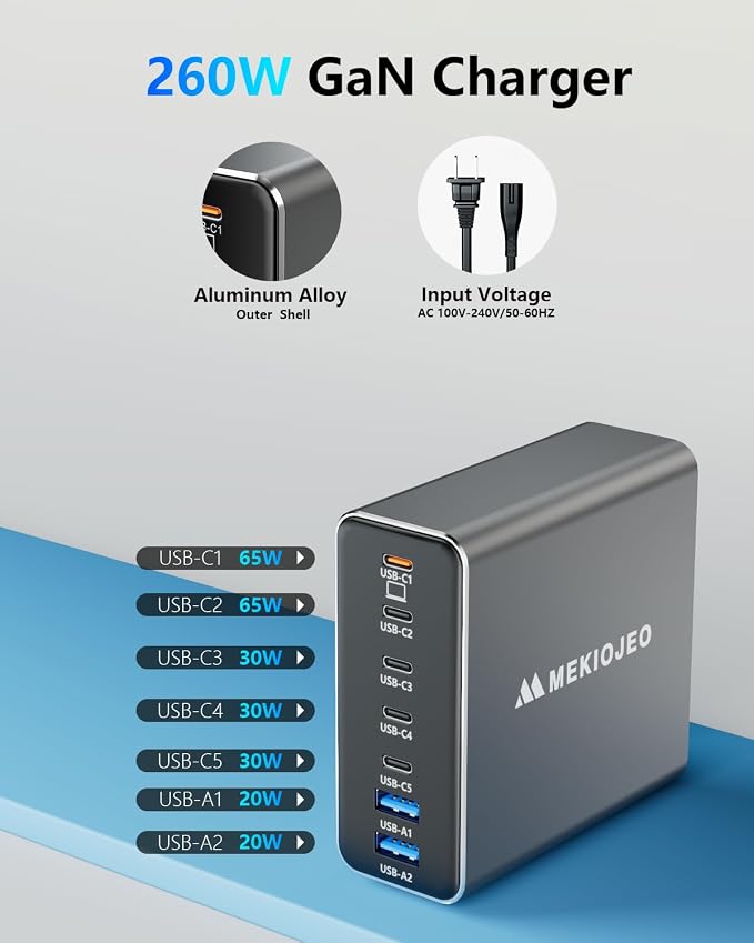 Aluminum Alloy 260W USB C Charger GaN Fast USB C Charging Station 7 Ports | 65W - Image 3