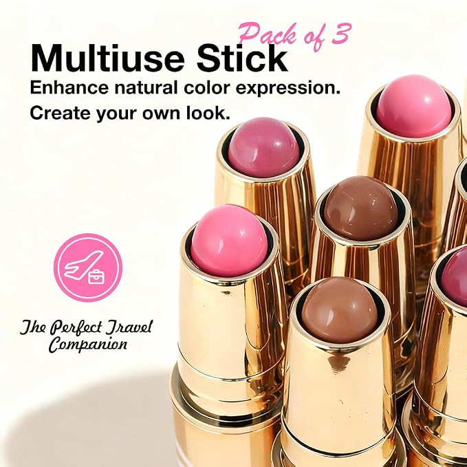 evpct 3Pcs 2In1 Blush Contour Multiuse Makeup Sticks Set, Ultra-Creamy Radiant - Image 2