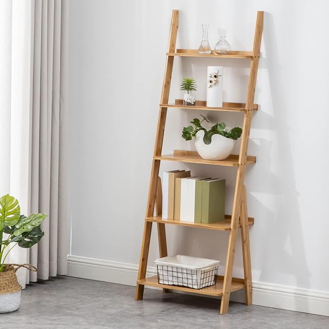 Maydear Bamboo Ladder Shelf Bookcase, 5-Tier Leaning Bookshelf Free Standing - Image 3
