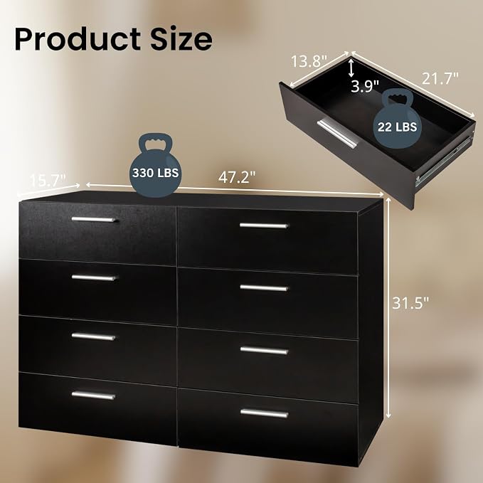 Karl home 8 Drawer Dresser, Wood Black Vanity Drawer Cabinet, Bedroom Storage - Image 2