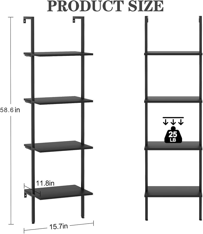Ladder Shelf 4 Tiers Metal Industrial Bookshelf, Wall Mount Wide Book Case - Image 3