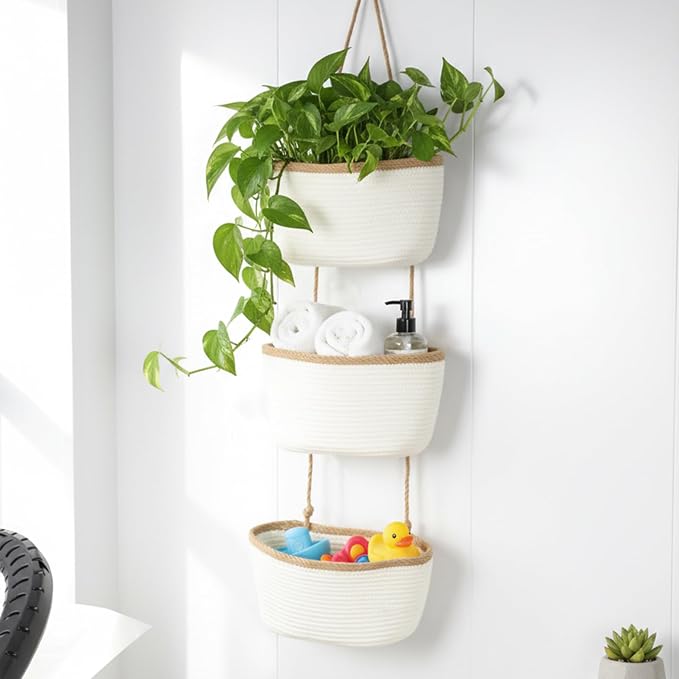 TeoKJ Over the Door Hanging Basket, 3-Tier Woven Cotton Wall-Mounted Storage - Image 6