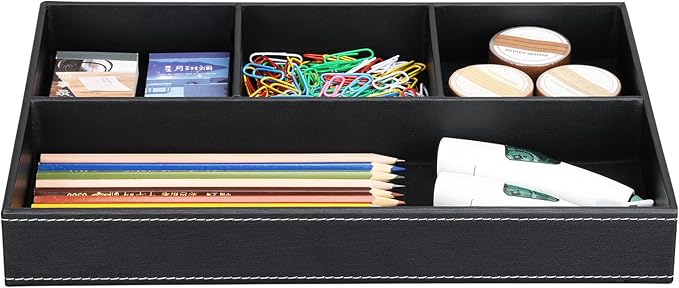 KINGFOM Pu Leather Desk Organizer Tray, 4 Compartment Office Storage Supplies - Image 4