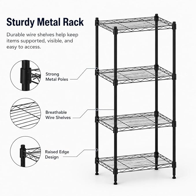 4 Tier Storage Shelves, Metal Wire Shelving Unit, Heavy Duty Adjustable Shelf - Image 6