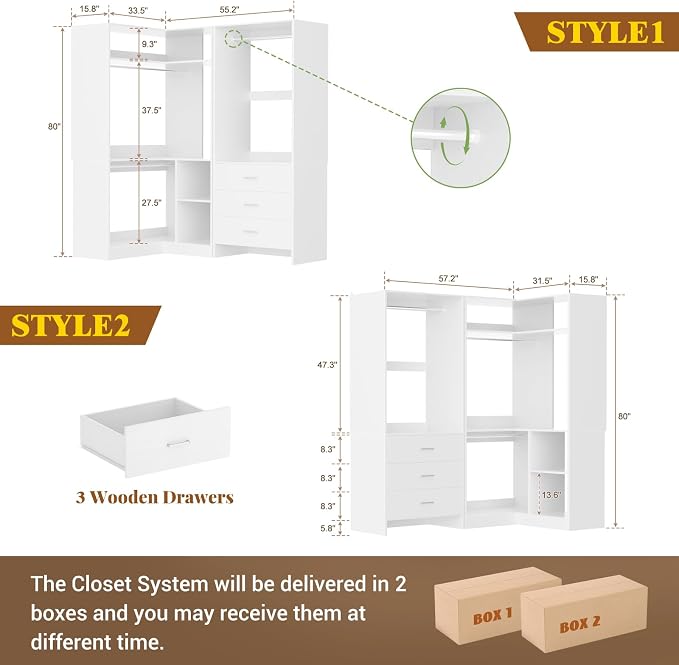 Aheaplus Closet System with 3 Drawers, 2 Hanging Rods & Corner Tower, Corner - Image 7