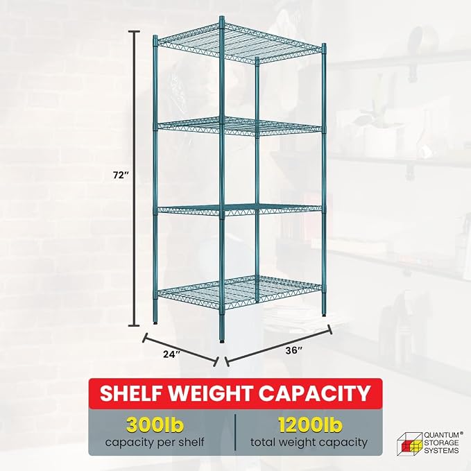 Quantum Storage Systems RWR72-2436LDP Adjustable Wire Green Epoxy 4 Shelves 72" - Image 3