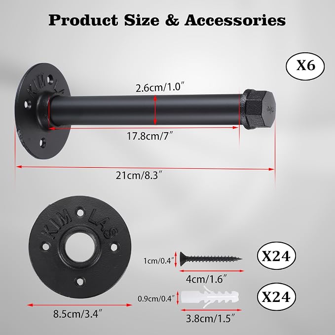 BTSKY 6 Pack Clothes Rack with Screws, 8 Inch Metal Industrial Pipe Clothes Bars - Image 3