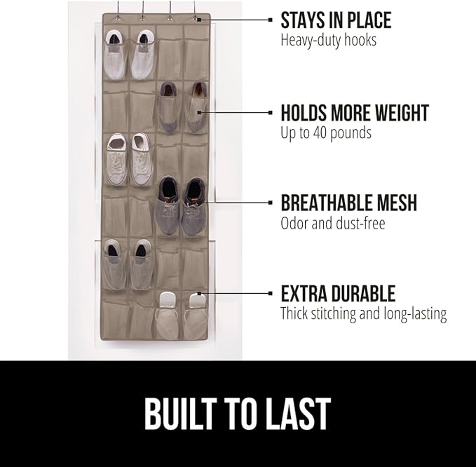 GORILLA GRIP Over the Door Shoe Organizer, 24 Large Breathable Mesh Pockets - Image 2