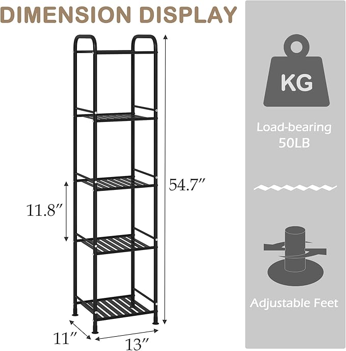 JSB 5 Tier Narrow Bathroom Shelving Unit, Kitchen Storage Rack Organizer Metal - Image 2