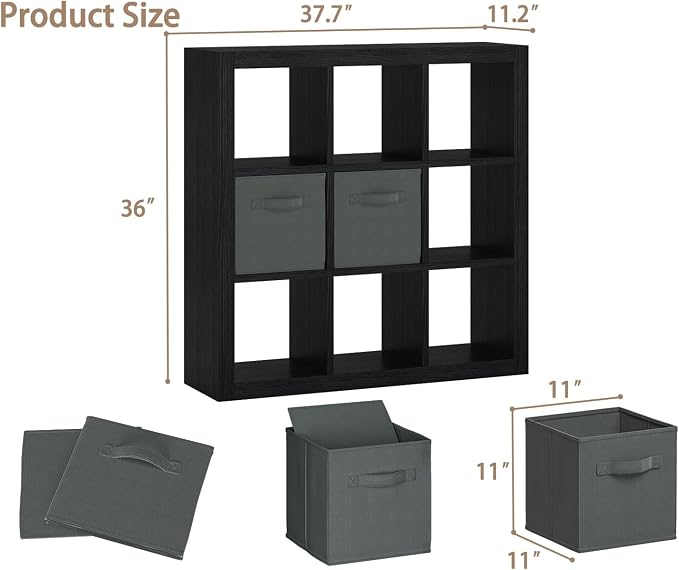 Bookshelf with Storage Bins, 9-Cube Storage Organizer Sturdy Wooden Bookcase - Image 3