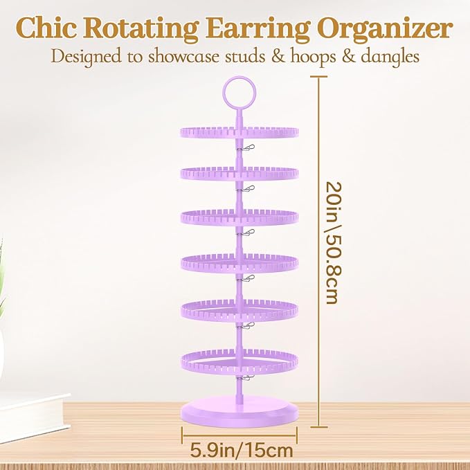 MODOWEY Rotating Earring Holder Organizer Adjustable Display, 6 Tier Purple | - Image 4