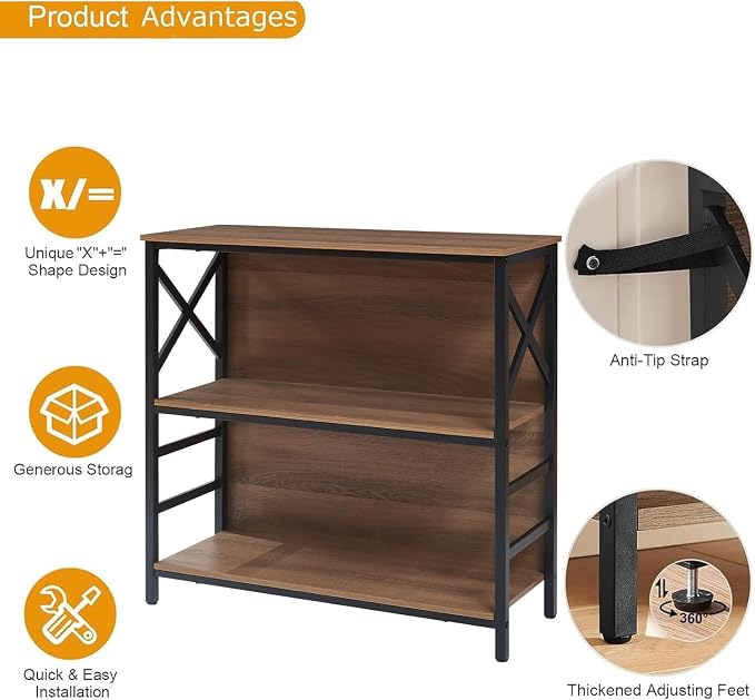 Small Bookshelf, 3 Tier Industrial Bookcase - Image 6