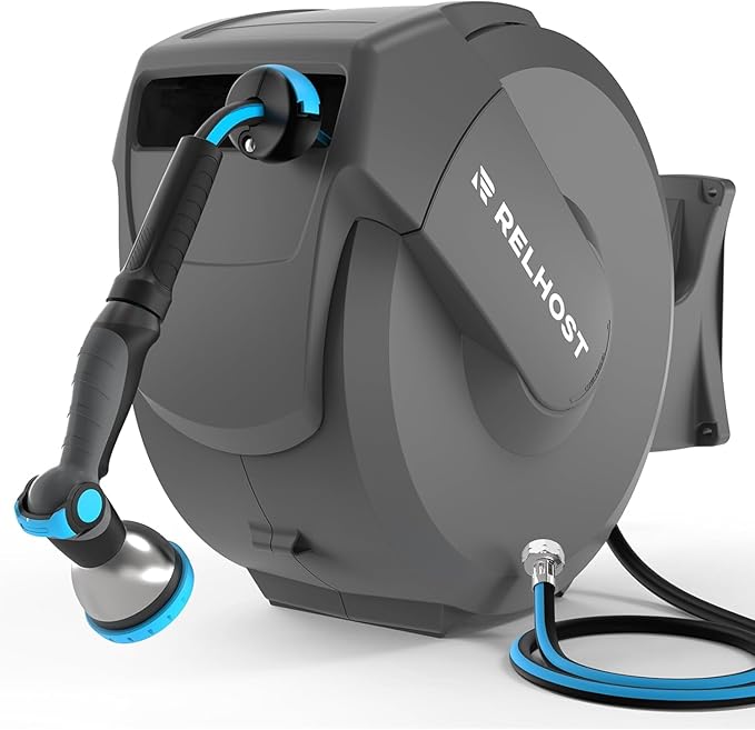 Relhost Retractable Garden Hose Reel, 1/2 in x 100 ft Wall Mount Heavy Duty by Relhost