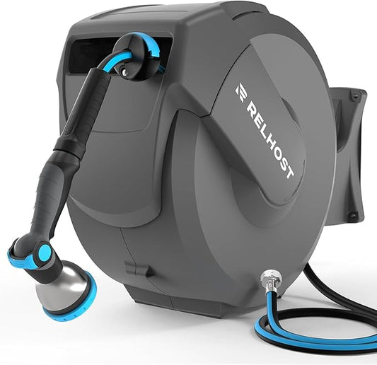 Relhost Retractable Garden Hose Reel, 1/2 in x 100 ft Wall Mount Heavy Duty by Relhost