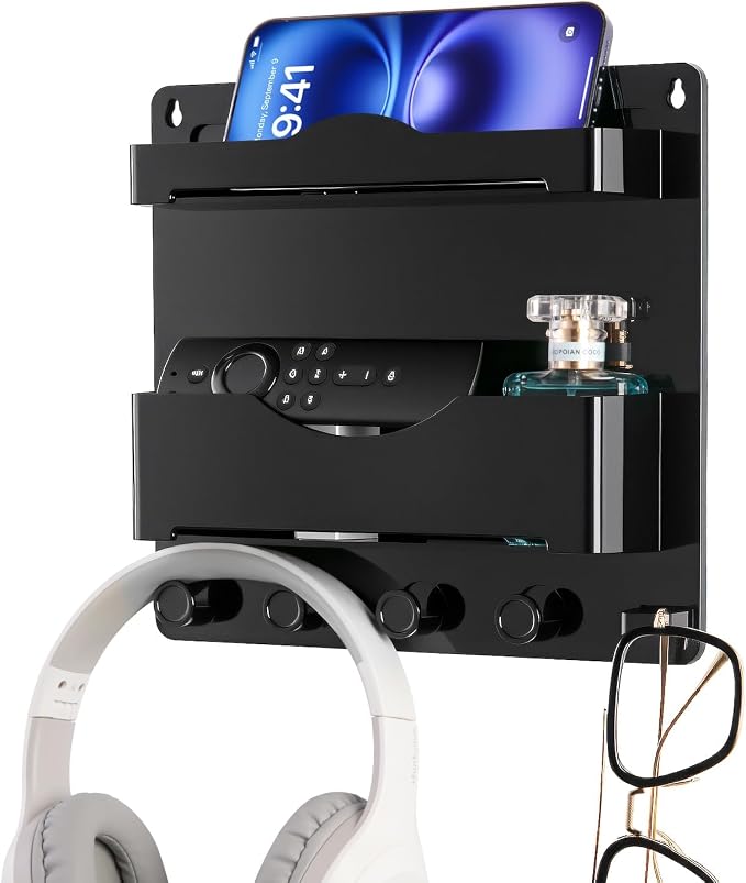 Bedside Wall Shelf with Glasses Hooks ，Adhesive Bedside Organizer Wall Mount by JUMEIHUI