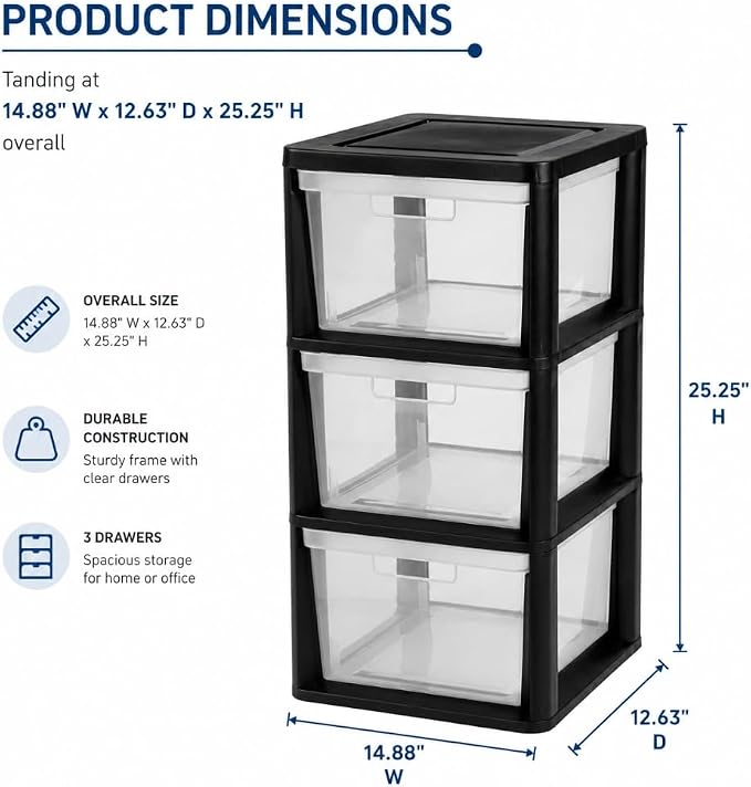 3-Drawer Plastic Storage Organizer Tower, Tool-Free Assembly, 25.25" H - Image 3