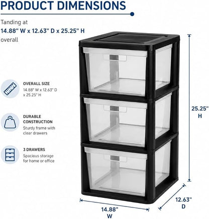 3-Drawer Plastic Storage Organizer Tower, Tool-Free Assembly, 25.25" H - Image 3