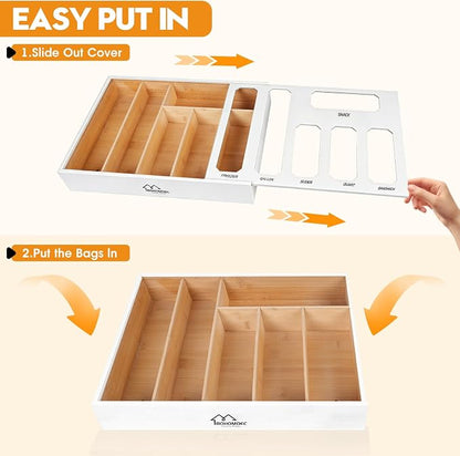 6 in 1 Bamboo Ziploc Bag Storage Organizer, Snack & Freezer Bags, Wall - Image 4