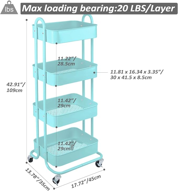 Melody House 4-Tier Metal Mesh Utility Rolling Cart Storage Organizer Shelf Rack - Image 7