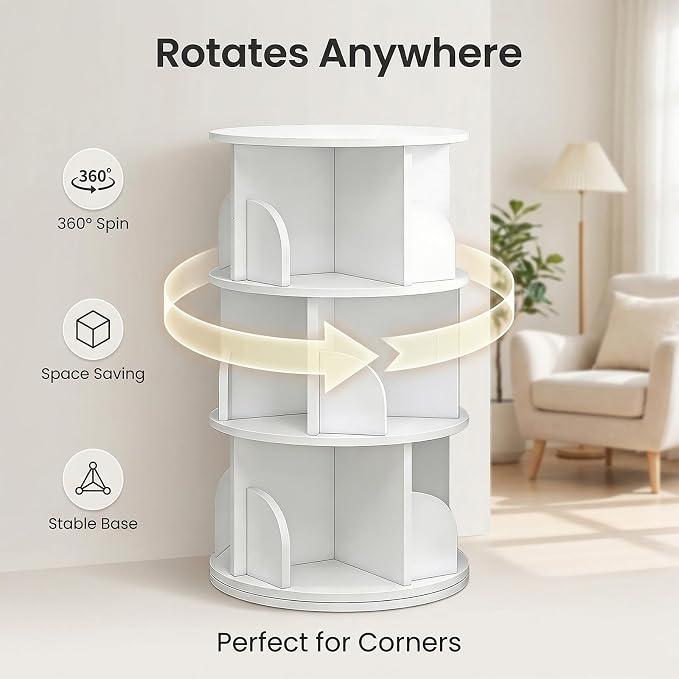 3 Tier Rotating Bookshelf, 360-Degree Swivel Revolving Tower Floor Standing - Image 5
