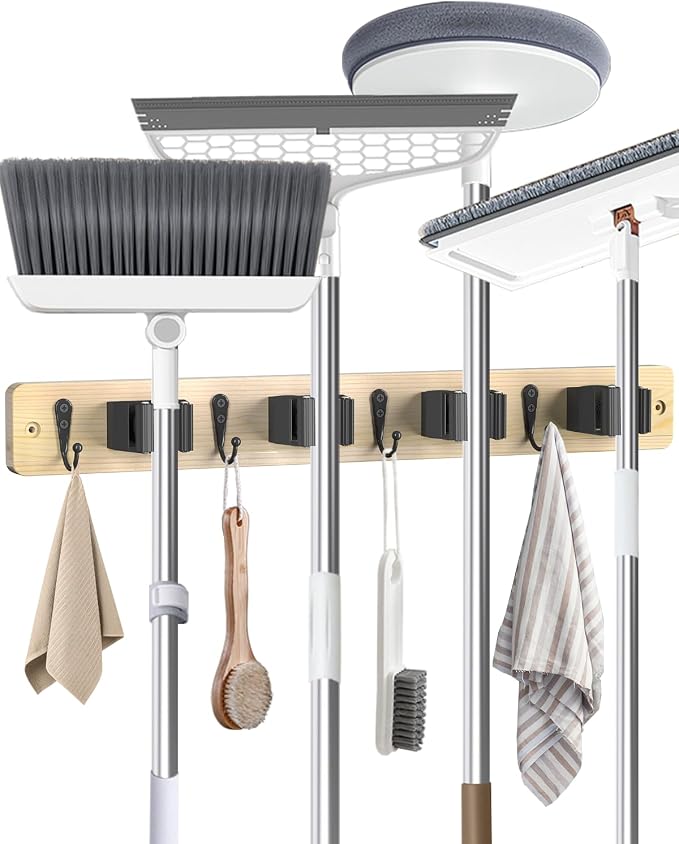Broom Holder Wall Mounted, Light Wood 4 Holders and 4 Hooks Mop Holder by AceMining