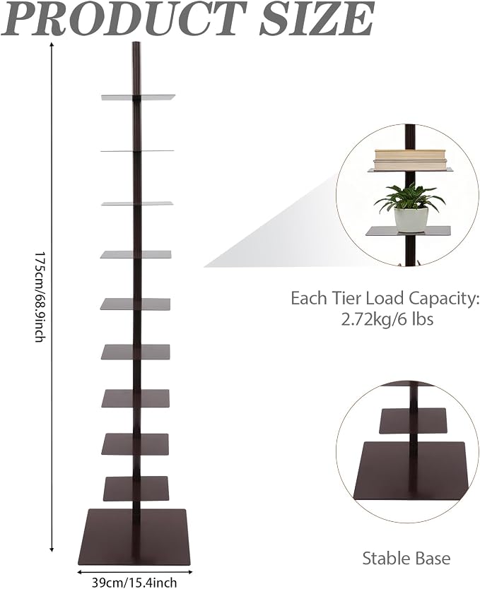 9 Tier Metal Spine Bookshelf Tower, Adjustable Vertical Tower - Image 2