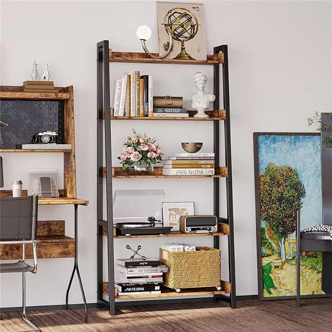 IRONCK Industrial Bookshelf 5-Tier 31.5 in Wide, Bookcase Ladder Shelf - Image 2