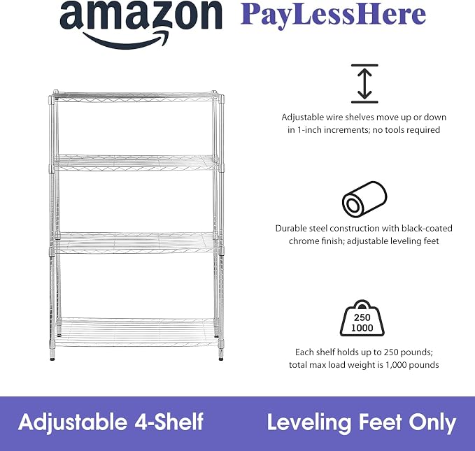 PayLessHere | 4-Tier Wire Shelf | 36"x14"x54" | Chrome | Adjustable Racks | - Image 8