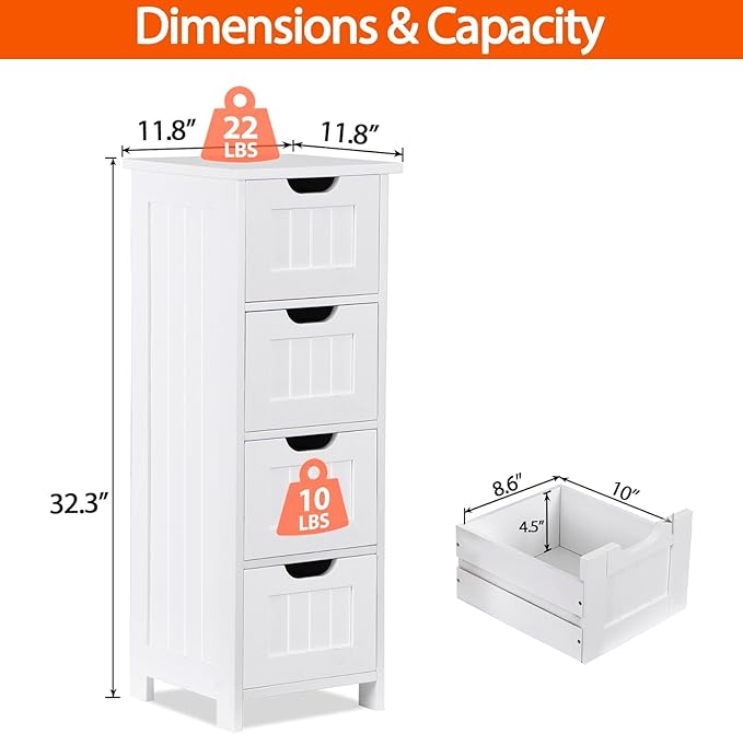 Bathroom Floor Storage Cabinet, Freestanding Wooden Side Organizer w/4 Drawers - Image 2